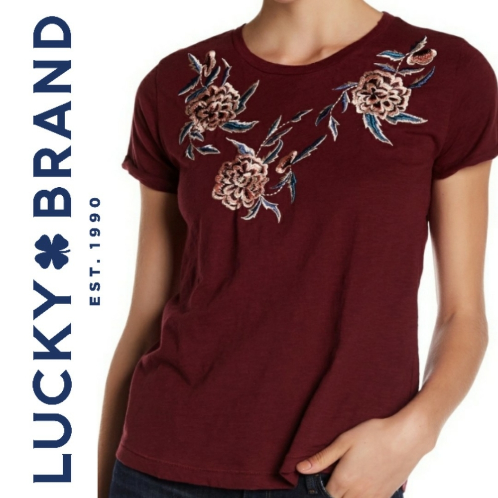 Lucky Brand Red Short Sleeve Top w/ Floral Embroidary